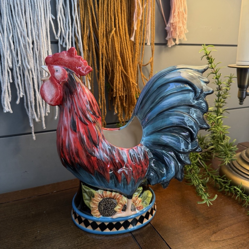 Vintage Ceramic Very Ornate Colorful Standing Rooster 10” Tall Planter Holder